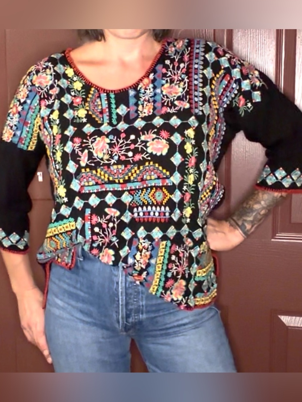 Embroidered Black Floral Boho Women's Top